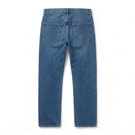Mid-blue straight-leg jeans, back view