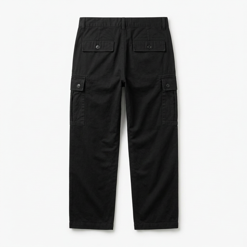 Black relaxed cargo pants, back view