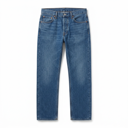 Mid-blue straight-leg jeans, front view