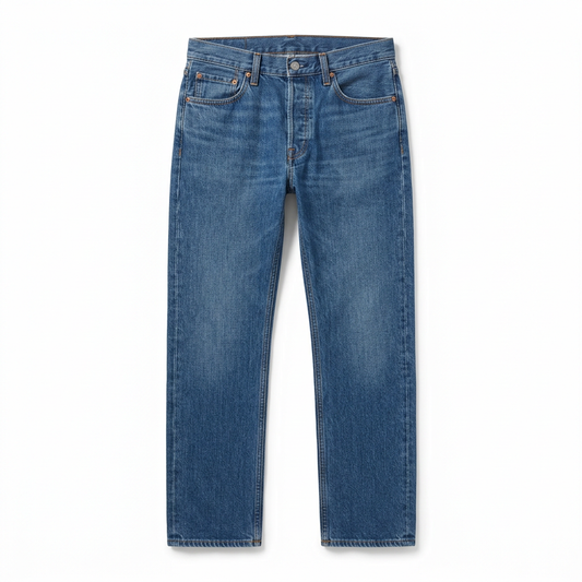 Mid-blue straight-leg jeans, front view