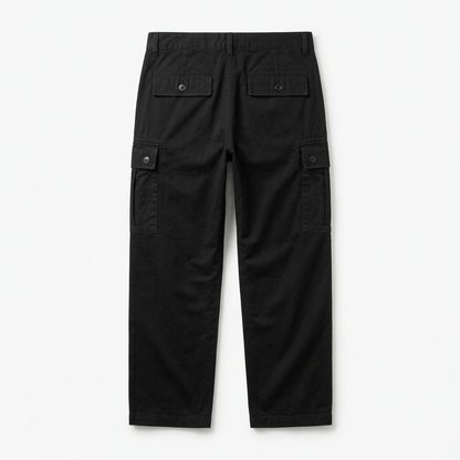 Black relaxed cargo pants, back view