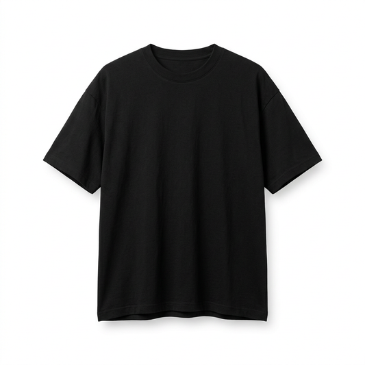 Black boxy crewneck short-sleeve T-shirt, front view
