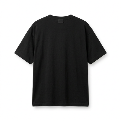 Black boxy crewneck short-sleeve T-shirt, back view