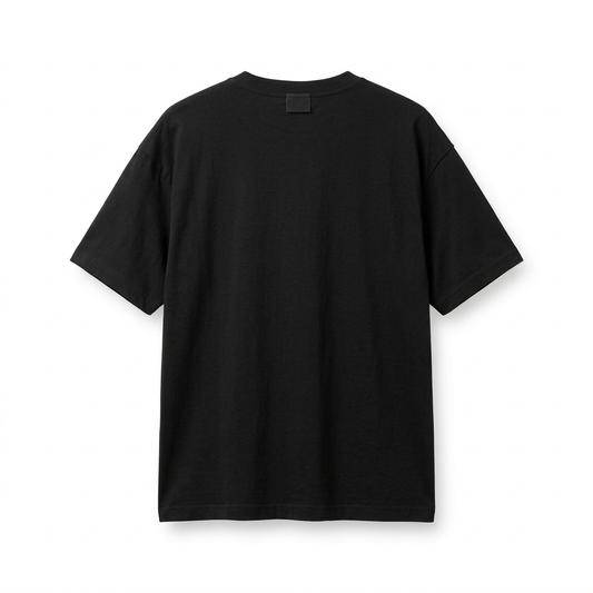 Black boxy crewneck short-sleeve T-shirt, back view