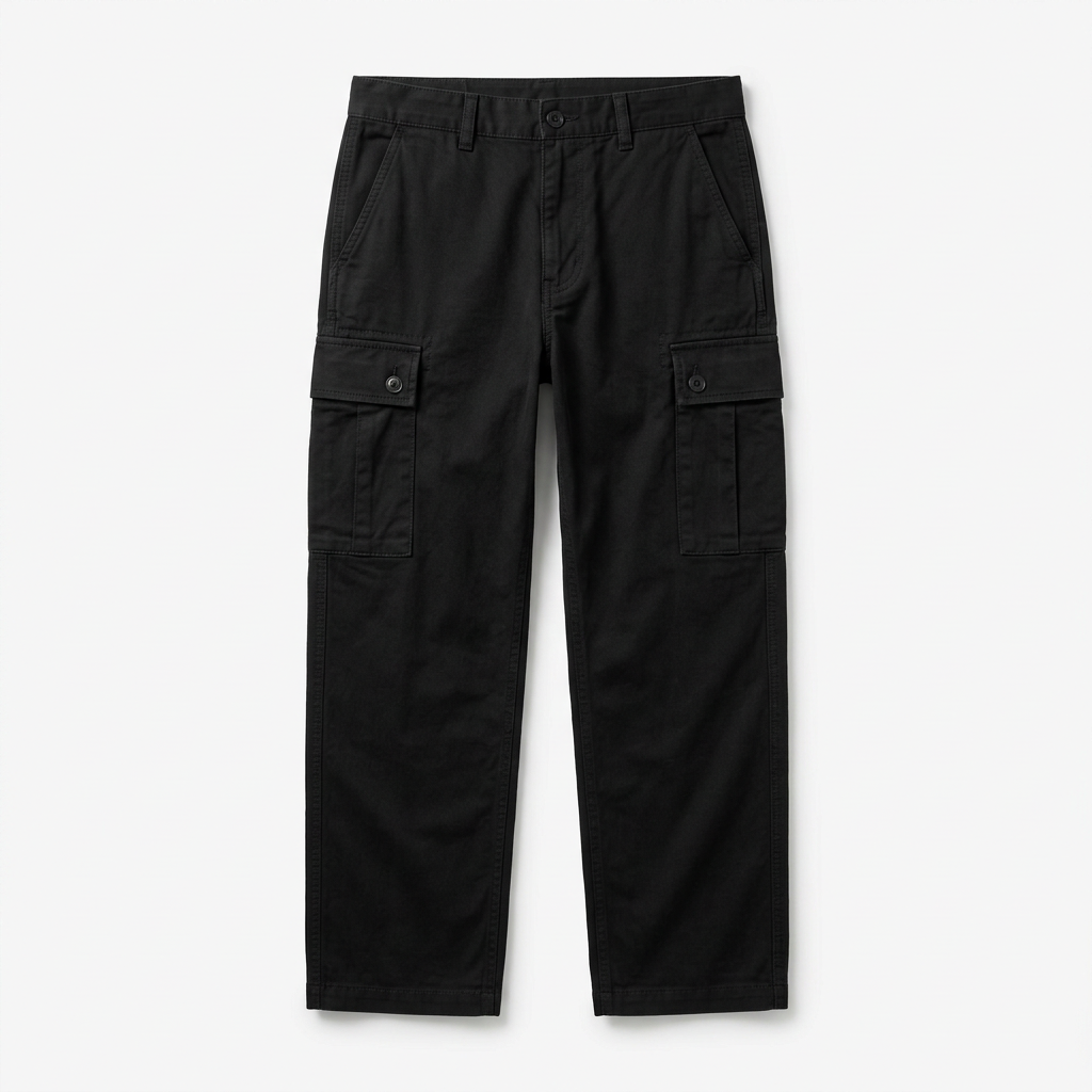 Black relaxed cargo pants, front view