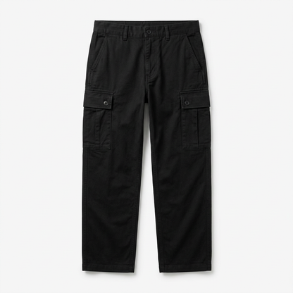 Black relaxed cargo pants, front view